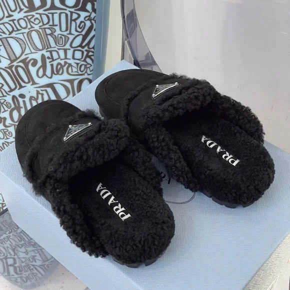 Prada Women's Black Shearling Mules - Picture 2 of 3